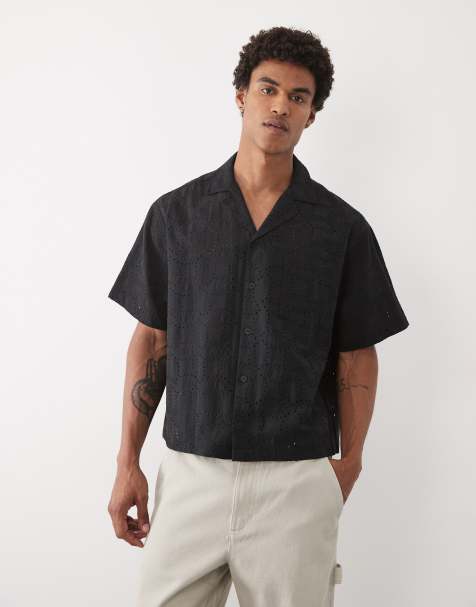 ASOS DESIGN – Kastiges Oversize-Hemd in Schwarz mit Lochstickerei und Reverskragen - view 1