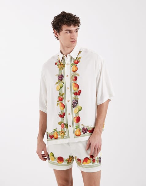 ASOS DESIGN – Kastiges Oversize-Hemd in Wollweiß mit Holiday-Print, Kombiteil - view 1