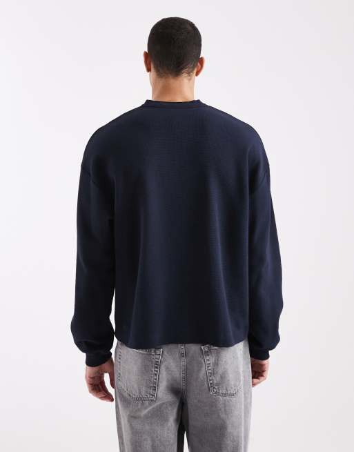 ASOS DESIGN – Kastiges Oversize-Langarmshirt in Marineblau mit Henley-Ausschnitt und Waffelstruktur , 3 von 5