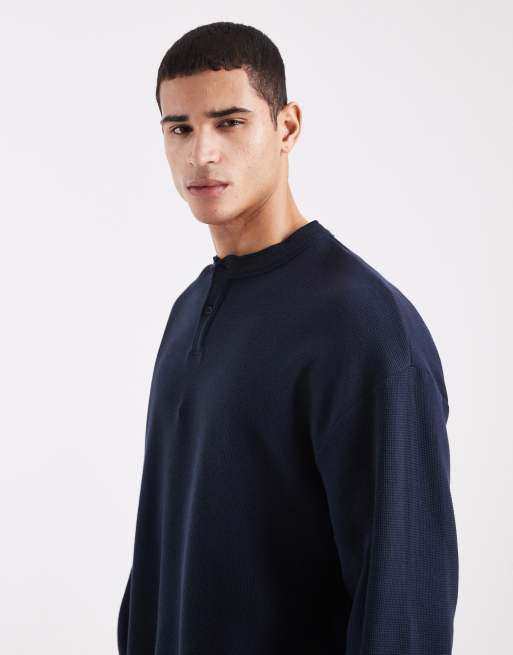 ASOS DESIGN – Kastiges Oversize-Langarmshirt in Marineblau mit Henley-Ausschnitt und Waffelstruktur , 5 von 5