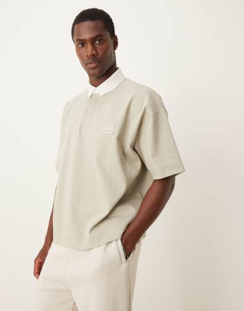 ASOS DESIGN – Kastiges Oversize-Polohemd aus 300 g/m² schwerem Material in Steingrau mit Print auf der Brust - view 1