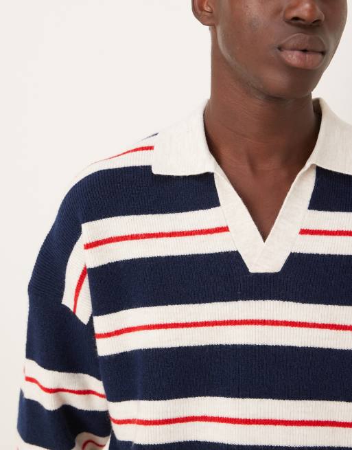 ASOS DESIGN – Kastiges Oversize-Polohemd aus Strick in Beige gestreift mit eingekerbtem Ausschnitt, 5 von 5