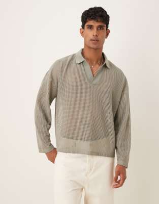 ASOS DESIGN – Kastiges Oversize-Polohemd aus weitmaschigem Netzstoff in Khaki mit überschnittener Schulter - view 1