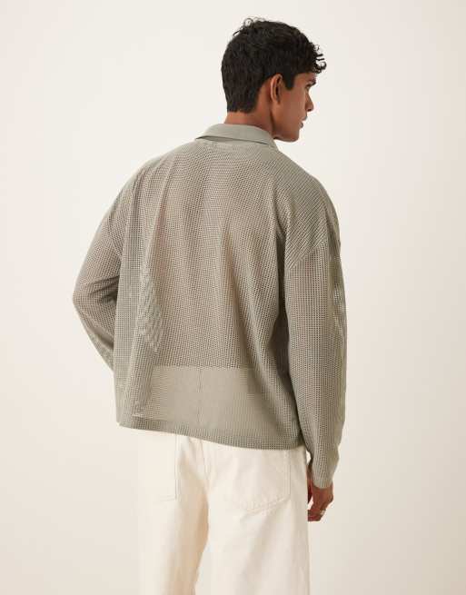 ASOS DESIGN – Kastiges Oversize-Polohemd aus weitmaschigem Netzstoff in Khaki mit überschnittener Schulter , 3 von 4