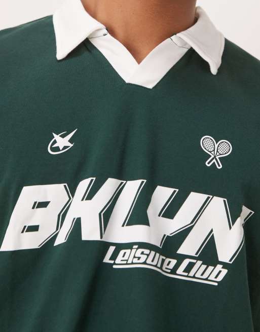 ASOS DESIGN – Kastiges Oversize-Polohemd in Dunkelgrün mit Sport-Prints, 4 von 4