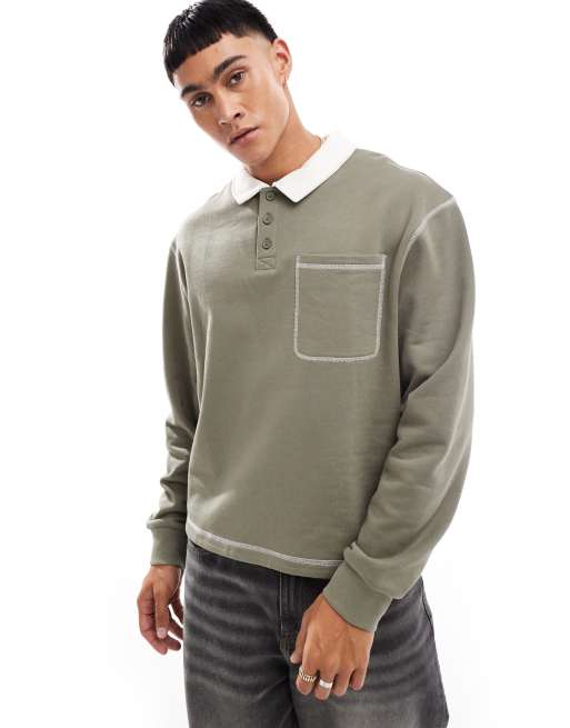 ASOS DESIGN – Kastiges Oversize-Polohemd in Khaki mit Kontrastnaht