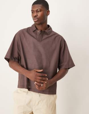 ASOS DESIGN – Kastiges Oversize-Schlupfhemd in brauner Leinenoptik - view 1