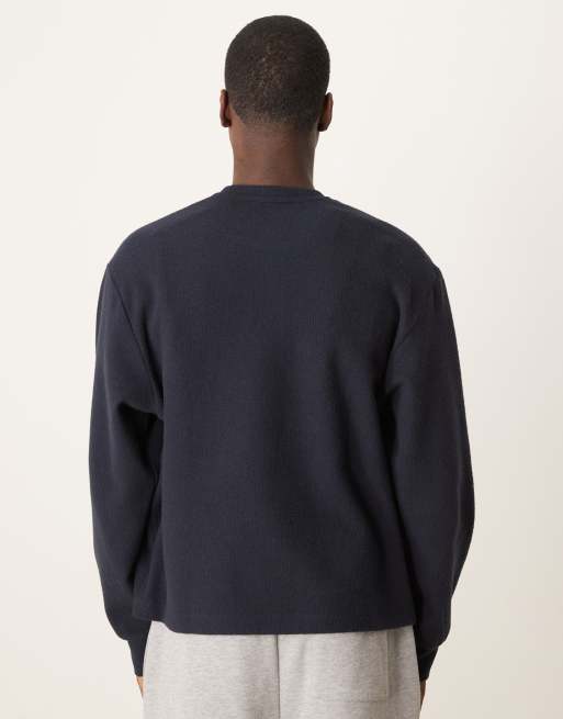 ASOS DESIGN – Kastiges Oversize-Sweatshirt in Marineblau mit Henley-Ausschnitt und Waffelstruktur, 3 von 4