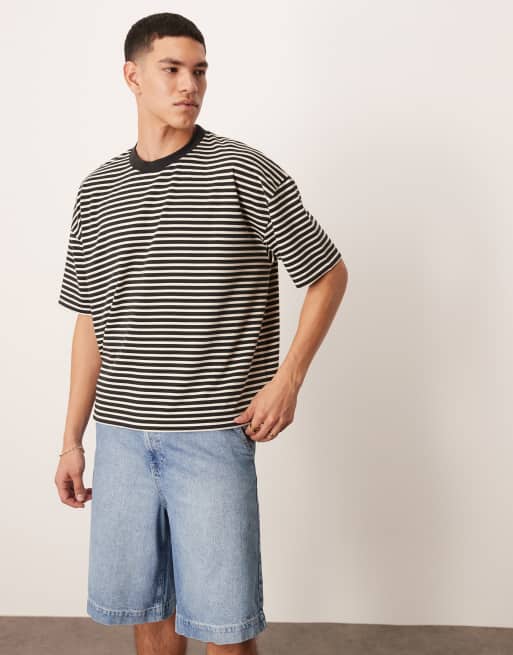 ASOS DESIGN – Kastiges Oversize-T-Shirt aus 220 g/m² schwerem Material in Schwarz-Weiß gestreift