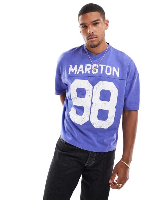 ASOS DESIGN – Kastiges Oversize-T-Shirt aus 220 g/m² schwerem Material in verwaschenem Blau mit Nummer-Sportprint auf der Vorderseite