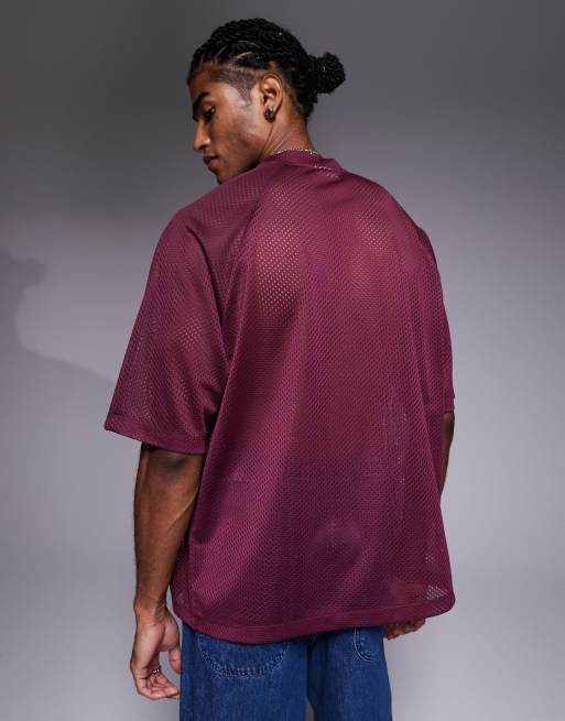 ASOS DESIGN – Kastiges Oversize-T-Shirt aus burgunderrotem Airtex-Material mit „Bushwick“-Print, 2 von 4