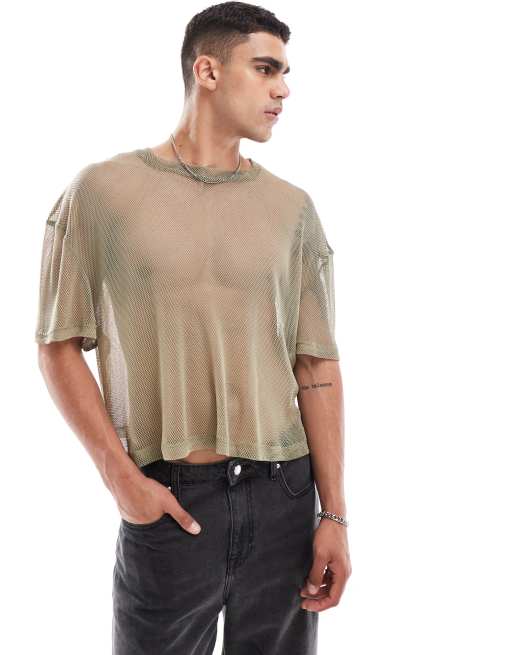 ASOS DESIGN – Kastiges Oversize-T-Shirt aus grobmaschigem Netzstoff in Beige