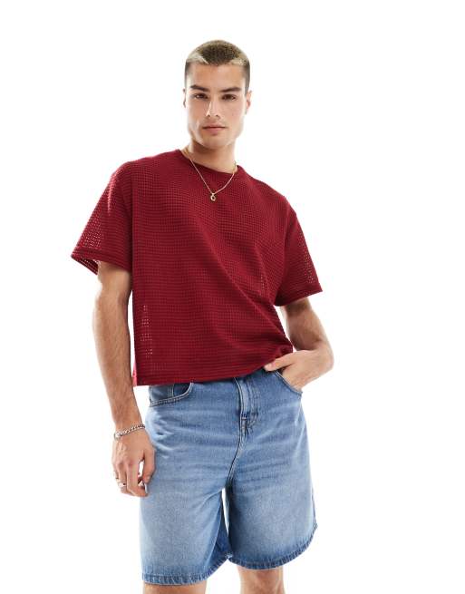 ASOS DESIGN – Kastiges Oversize-T-Shirt aus Häkelstoff in Rot
