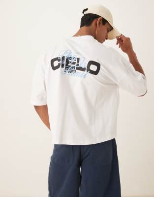 ASOS DESIGN – Kastiges Oversize-T-Shirt aus robustem Stoff in Weiß mit Textprint - view 1
