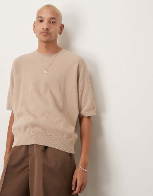 ASOS DESIGN – Kastiges Oversize-T-Shirt aus Strick in Steinbeige mit Pikee-Struktur
