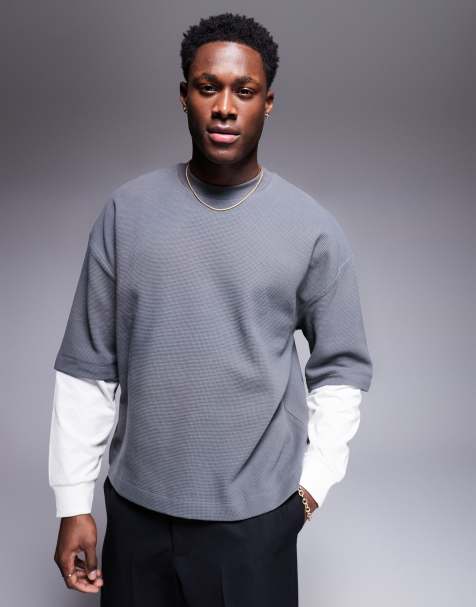 ASOS DESIGN – Kastiges Oversize-T-Shirt in Anthrazit mit doppelten Ärmeln und Waffelstruktur - view 1