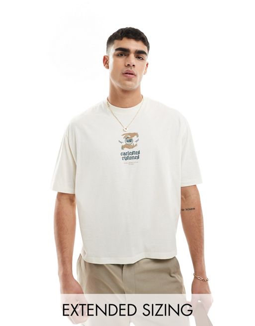 FhyzicsShops DESIGN – Kastiges Oversize-T-Shirt in Beige mit Himmelskörper-Print auf der Vorderseite