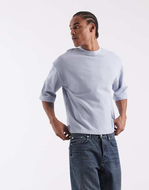 ASOS DESIGN – Kastiges Oversize-T-Shirt in Blau mit halblangen Ärmeln und Waffelstruktur - view 1