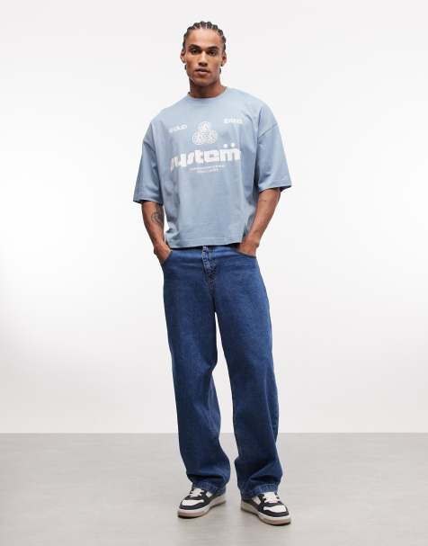 ASOS DESIGN – Kastiges Oversize-T-Shirt in Blau mit Sport-Grafikprint - view 1