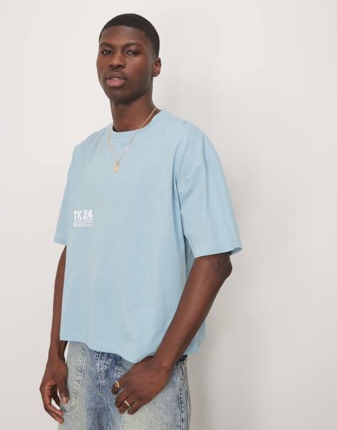 ASOS DESIGN – Kastiges Oversize-T-Shirt in Blau mit Textprint - view 1