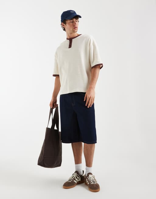 ASOS DESIGN – Kastiges Oversize-T-Shirt in Cremeweiß mit Henley-Ausschnitt und Waffelstruktur, 5 von 5