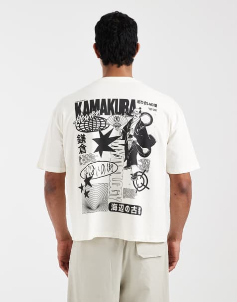 ASOS DESIGN – Kastiges Oversize-T-Shirt in Cremeweiß mit Japan-Grafikprint - view 1