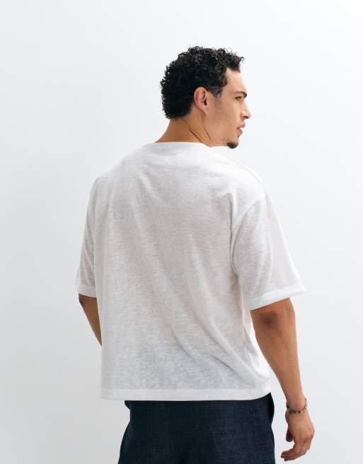 ASOS DESIGN – Kastiges Oversize-T-Shirt in cremeweißer Leinenoptik mit Henley-Ausschnitt, 3 von 7