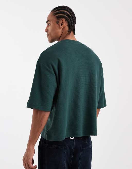 ASOS DESIGN – Kastiges Oversize-T-Shirt in Dunkelgrün mit Halbärmeln und Waffelstruktur  , 3 von 5