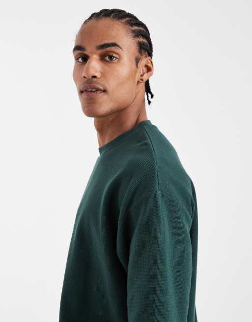 ASOS DESIGN – Kastiges Oversize-T-Shirt in Dunkelgrün mit Halbärmeln und Waffelstruktur  , 4 von 5