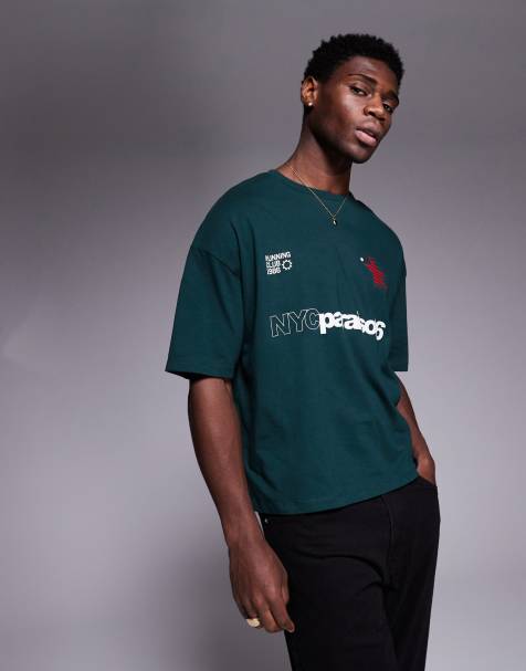 ASOS DESIGN – Kastiges Oversize-T-Shirt in Dunkelgrün mit Sport-Print - view 1