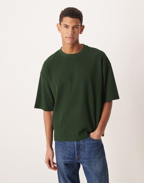 ASOS DESIGN – Kastiges Oversize-T-Shirt in Dunkelgrün mit Waffelstruktur - view 1