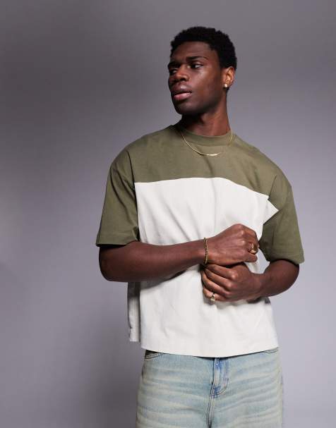 ASOS DESIGN – Kastiges Oversize-T-Shirt in Grün und Khaki mit kontrastierendem Hauptteil - view 1