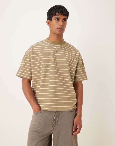 ASOS DESIGN – Kastiges Oversize-T-Shirt in Khaki mit Strukturstreifen - view 1