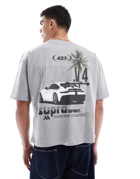 ASOS DESIGN – Kastiges Oversize-T-Shirt in meliertem Grau mit Auto-Grafik - view 1
