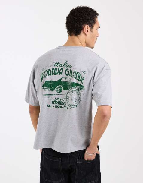 ASOS DESIGN – Kastiges Oversize-T-Shirt in meliertem Grau mit Sportwagen-Grafik - view 1