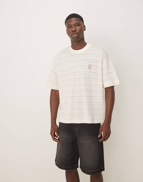 ASOS DESIGN – Kastiges Oversize-T-Shirt in Neutral mit Brust-Stickerei und strukturierten Streifen - view 1