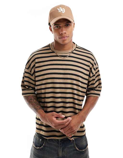ASOS DESIGN – Kastiges Oversize-T-Shirt in Neutral mit strukturierten Streifen 