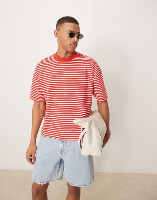 ASOS DESIGN – Kastiges Oversize-T-Shirt in Rot und Weiß gestreift, 220 g/m² schwer