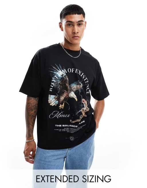 ASOS DESIGN – Kastiges Oversize-T-Shirt in Schwarz mit Adler-Print auf der Vorderseite