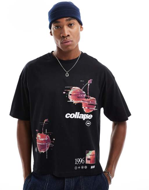 ASOS DESIGN – Kastiges Oversize-T-Shirt in Schwarz mit Kirsch-Print auf der Vorderseite
