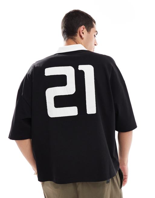 ASOS DESIGN – Kastiges Oversize-T-Shirt in Schwarz mit Polokragen, überschnittenen Schultern und Grafikprint hinten