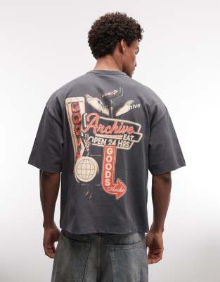 Kastiges Oversize-T-Shirt in verwaschenem Grau mit Neonschilder-Grafikprint im Retro-Design Grau L