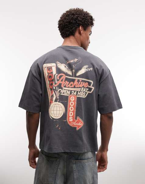 ASOS DESIGN – Kastiges Oversize-T-Shirt in verwaschenem Grau mit Neonschilder-Grafikprint im Retro-Design - view 1