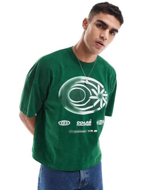 ASOS DESIGN – Kastiges Oversize-T-Shirt in verwaschenem Grün mit Straßen-Print