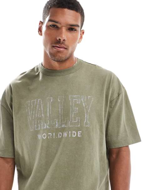 ASOS DESIGN – Kastiges Oversize-T-Shirt in verwaschenem Khaki mit „Valley“-Print auf der Brust, 220 g/m² schwer - view 1
