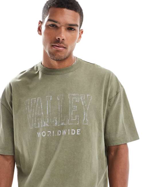 ASOS DESIGN – Kastiges Oversize-T-Shirt in verwaschenem Khaki mit „Valley“-Print auf der Brust, 220 g/m² schwer