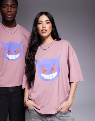 ASOS DESIGN - Kastiges Oversize-T-Shirt in verwaschenem Lila mit Pokémon-Gengar-Print, unisex