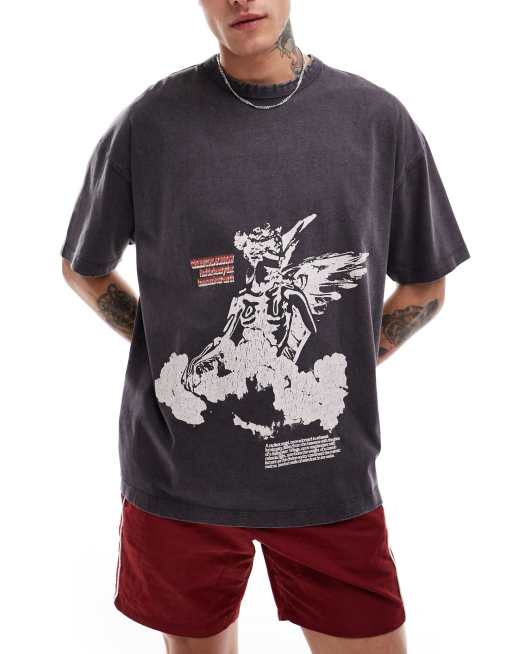 ASOS DESIGN – Kastiges Oversize-T-Shirt in verwaschenem Schwarz mit Engel-Print auf der Vorderseite, 220 g/m² schwer