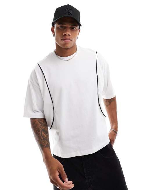 ASOS DESIGN – Kastiges Oversize-T-Shirt in Weiß mit farblich abgesetzten Paspelnähten , 3 von 4
