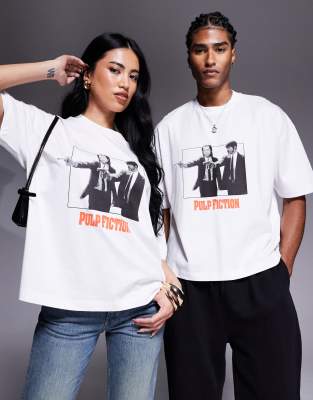 ASOS DESIGN - Kastiges Oversize-T-Shirt in Weiß mit Unisex-Schnitt und Pulp-Fiction-Print